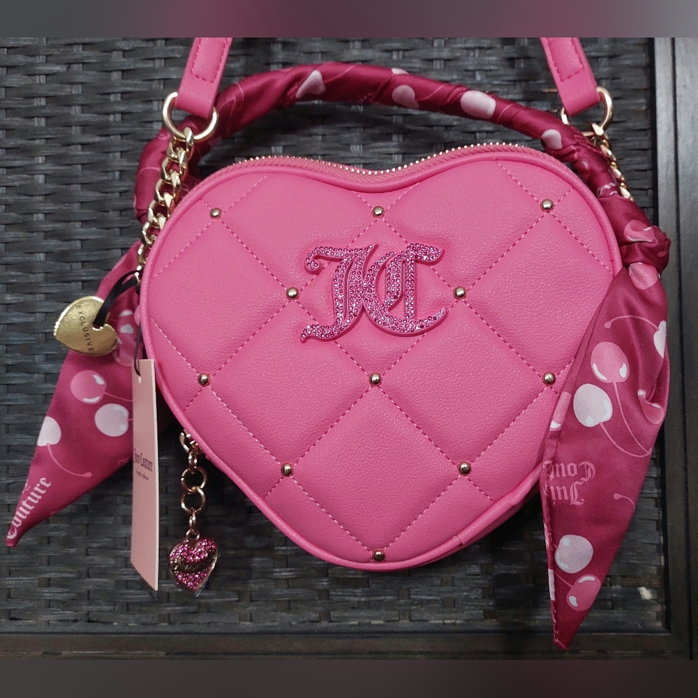 Juicy Couture Exclusive Pink Heart Cherry Ribbon Quilted Crossbody Bag NWT